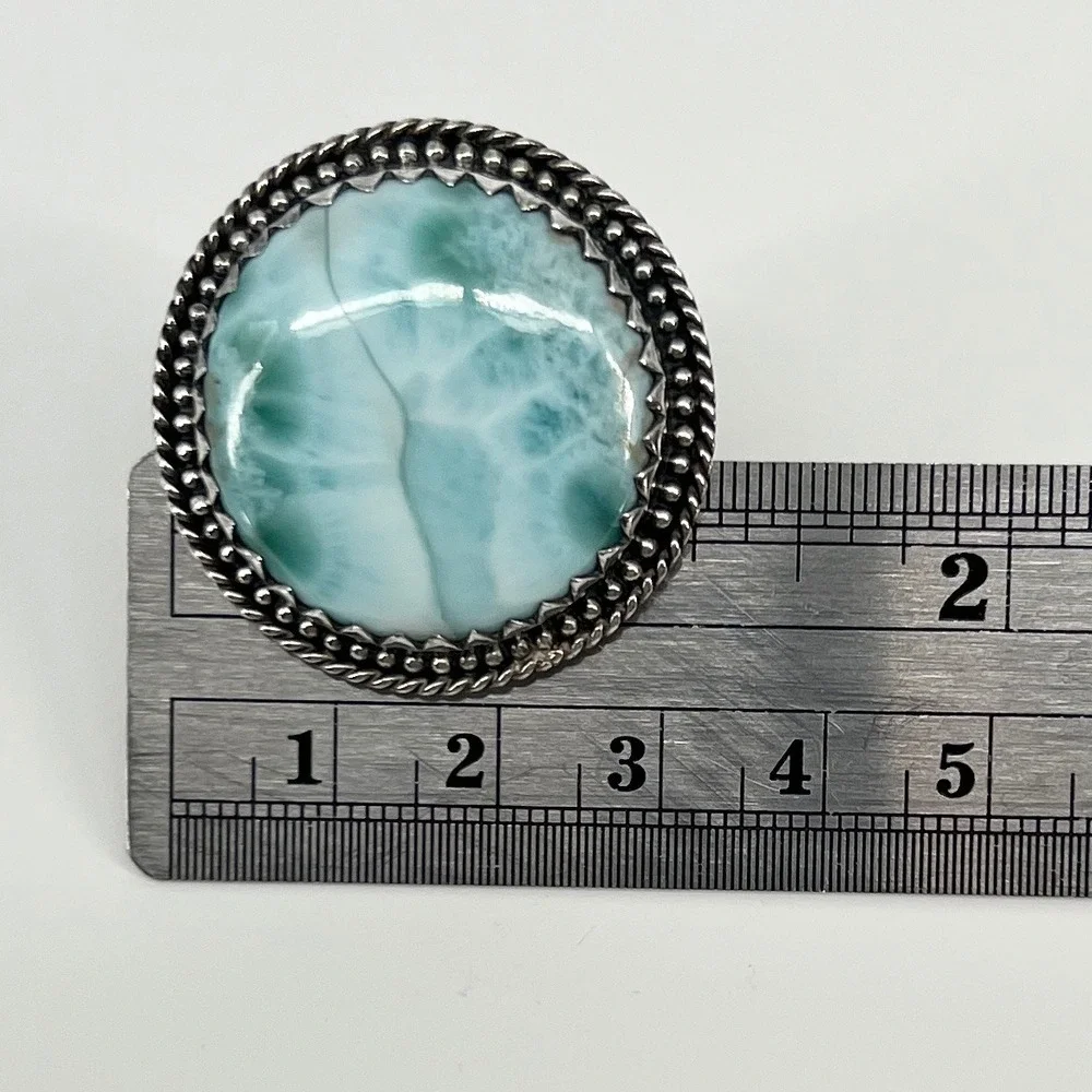 Artisan Larimar Ring Size 9 Blue 925 Sterling Silver Statement Cabochon 19.6g